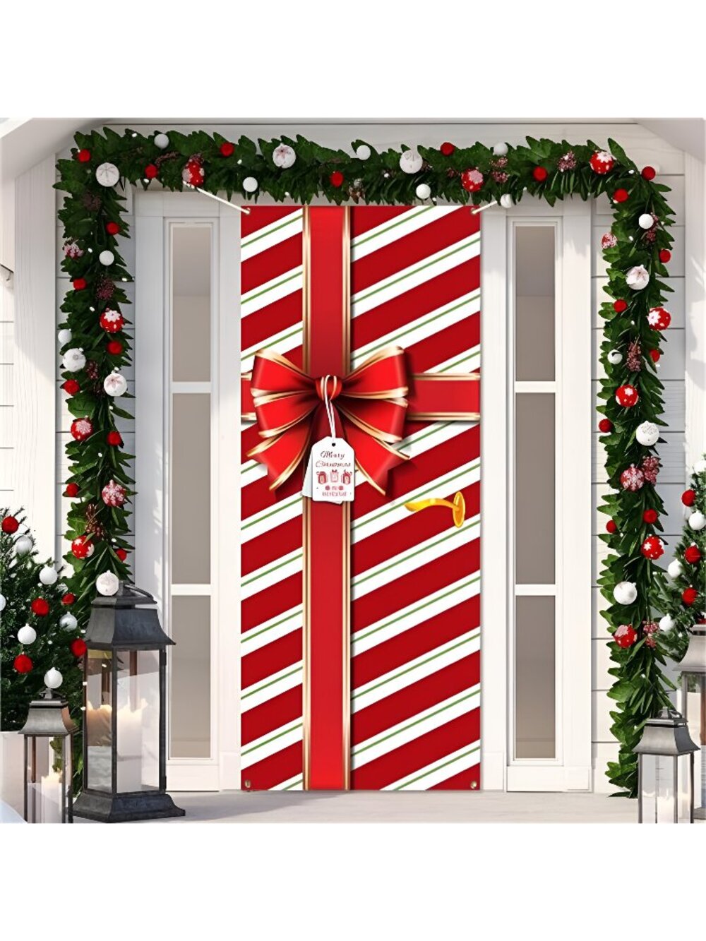 Christmas Door Cover Decoration Merry Box Bowknot Photography Backdrop